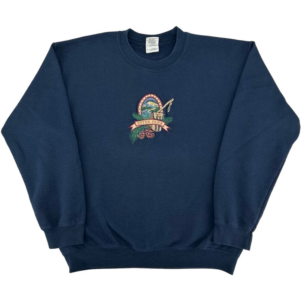 VTG Men's Navy Embroidered Estes Park Trails Colorado Crewneck Sweatshirt Sz M